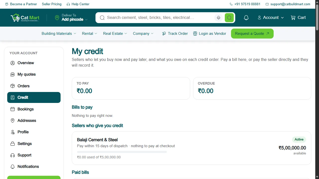 The My credit page showing a seller's credit limit and bills to pay