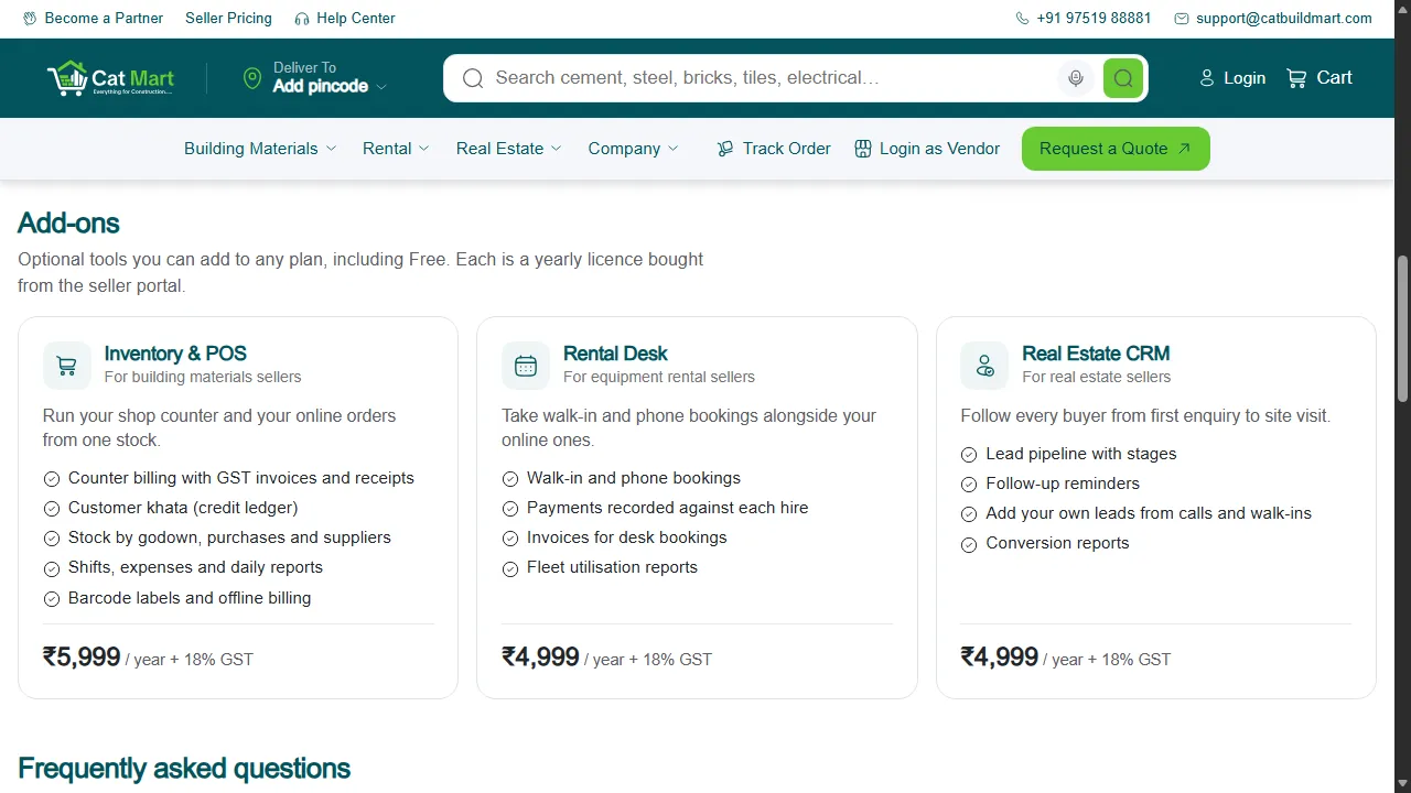 The add-ons section of the pricing page