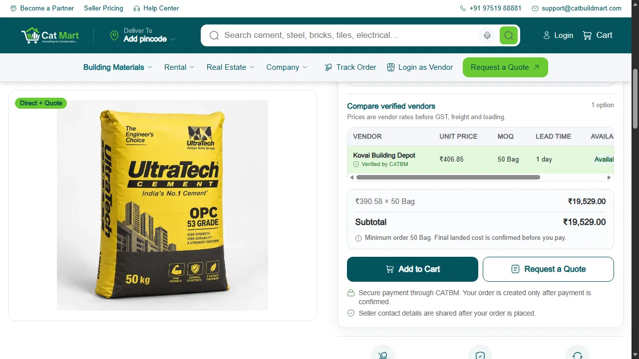 A product page comparing verified sellers with price, minimum order and lead time