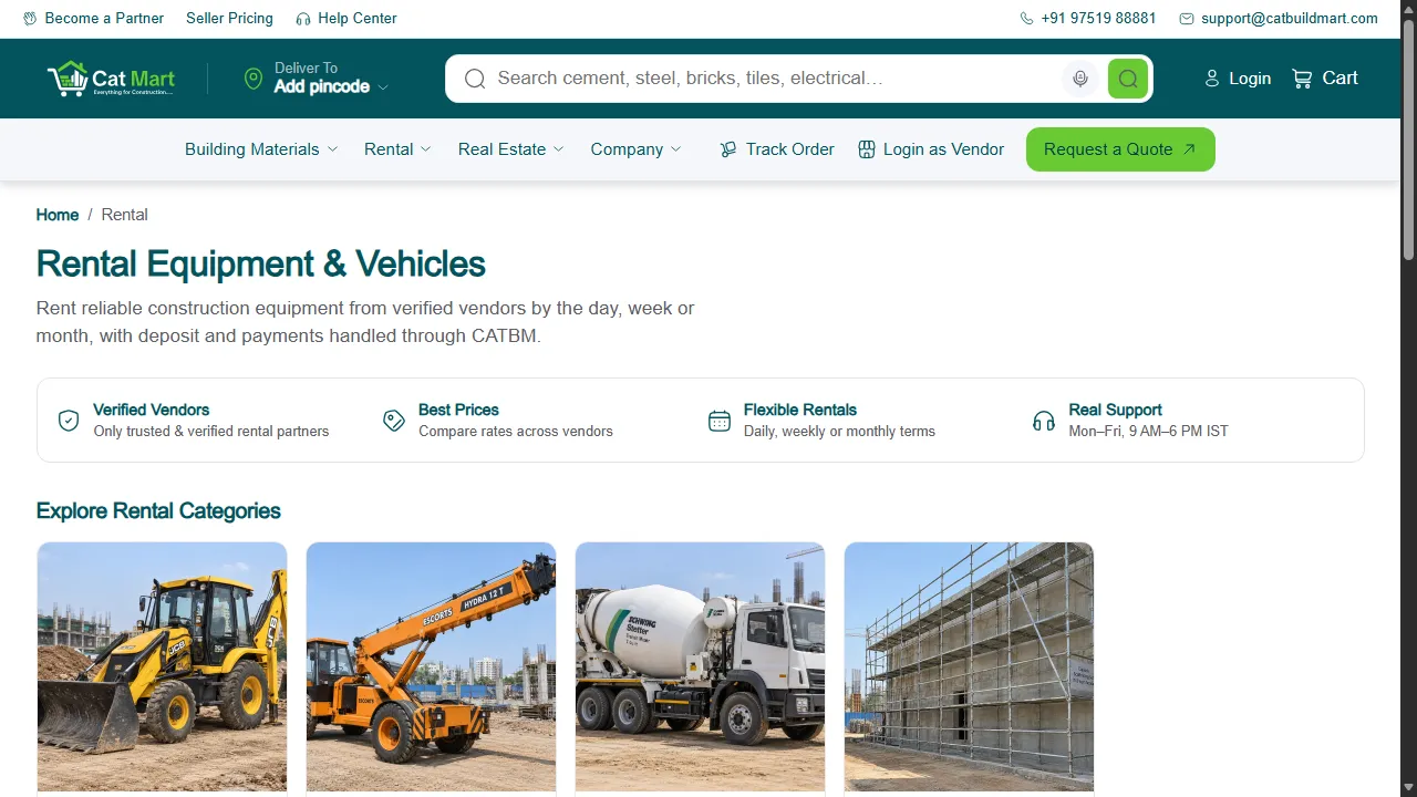 The Rental Equipment and Vehicles page with rental categories