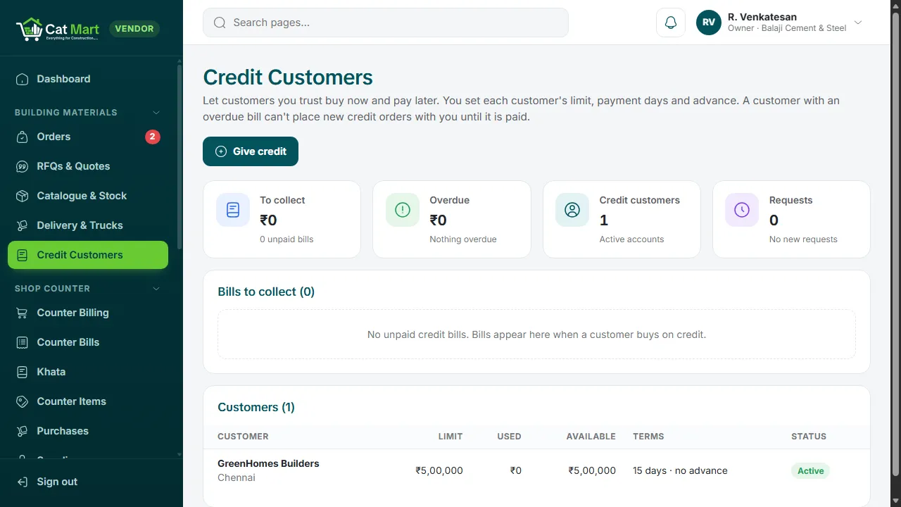 The Credit Customers page in the seller portal