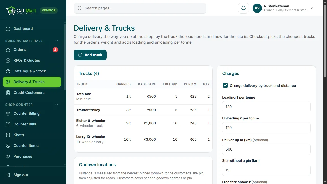 The Delivery and Trucks page in the seller portal