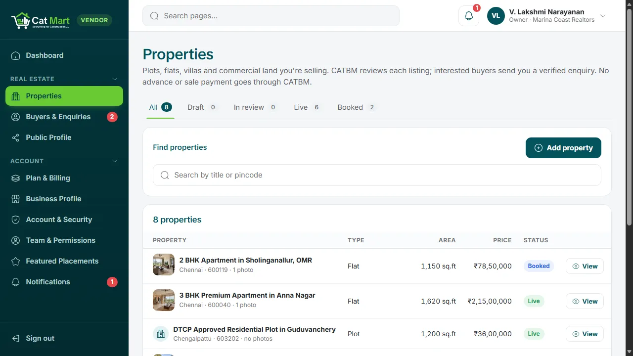 The Properties page in the seller portal
