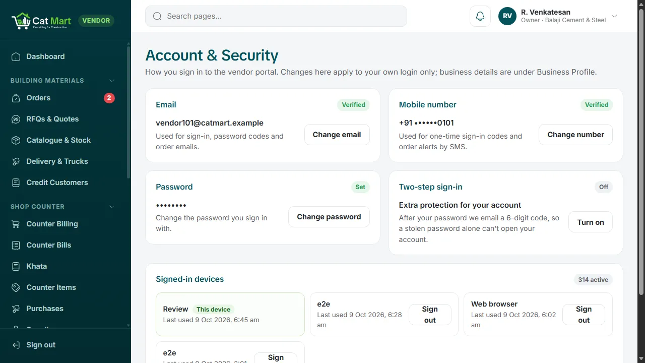 The Account and Security page in the seller portal
