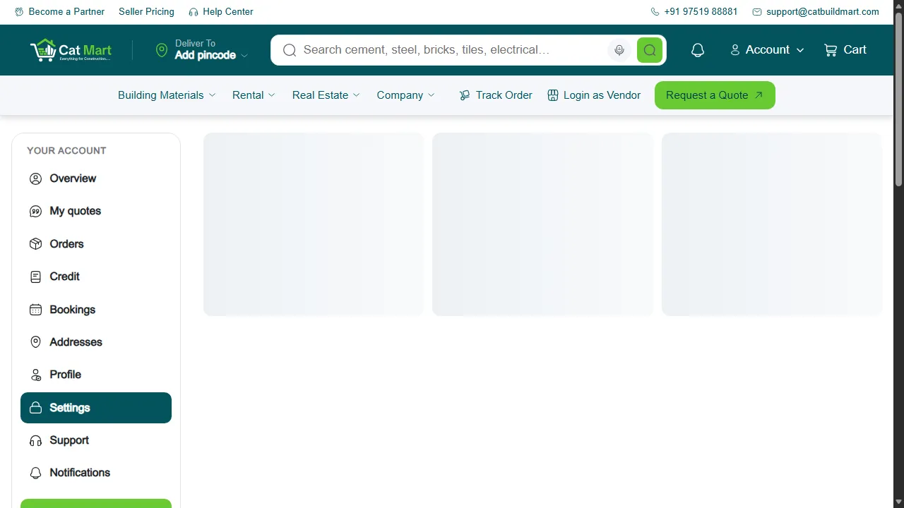 The Settings page in a customer account